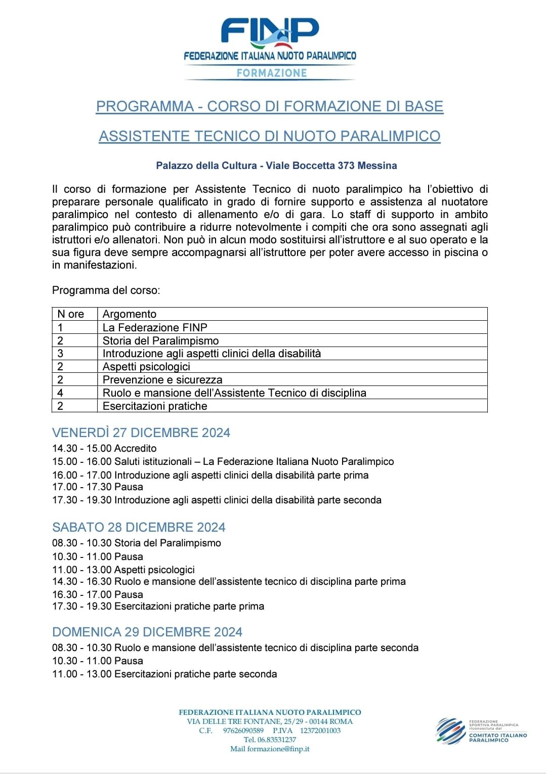 Programma Corso di formazione Assistente Tecnico di nuoto paralimpico